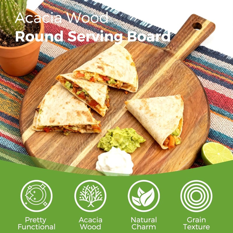 S310 Acacia Wood Round Cutting Board with Handle, Wooden Chopping Board for Meat, Cheese, Bread & Vegetables, Decorative Charcuterie Serving Board for Kitchen Cooking, Pizza & Party Dining, 17"x13" - Image 2
